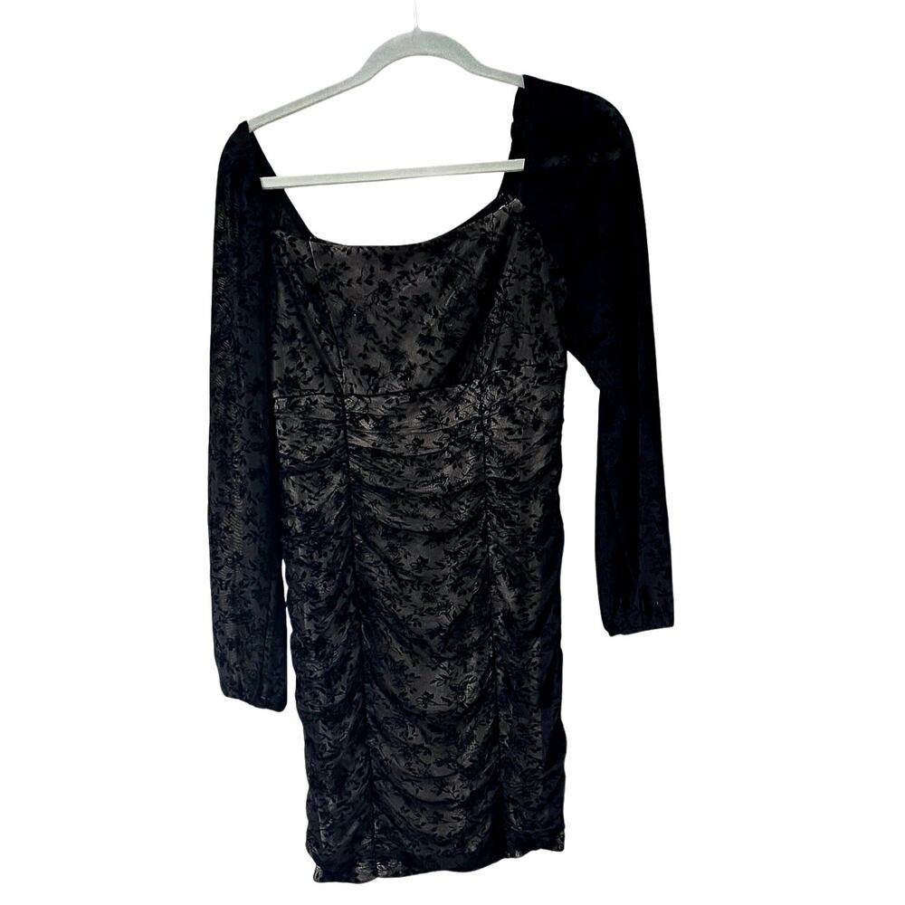 BCX Black Mesh Ruched Bodycon Mini Dress Size Large Sheer Floral Long Sleeve